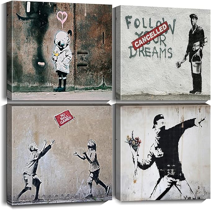 Cortolar Banksy Canvas Wall Art Graffiti Print Painting Abstract Pictures for Living Room Bedroom Bathroom Wall Decor (16"x16"x4-B)