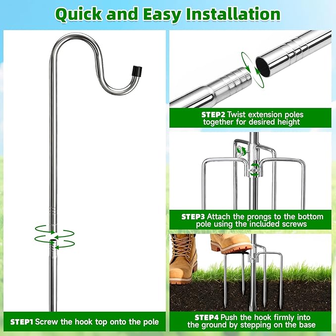 COCONUT 78 Inch Shepherds Hook for Bird Feeder, 5/8 Inch Width Heavy Duty Adjustable Outdoor Shepherd Hooks with 5-Prong Base for Lanterns Planting Hanger Weddings Decor, Silver