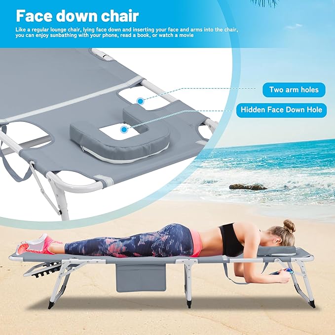 Outdoor Chaise Lounge with Detachable Pillow, Reclining Folding Chair with 5-Position Adjustable Back, Portable Tanning Chair For Beach, Pool, Lawn, Breathable Mesh Seat, No Assembly (Grey 2)