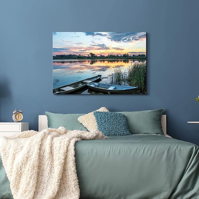 Lake Landscape Canvas Wall Art: Modern Nature Sunrise Gallery Artwork Relaxing Long Pier Sand Scenery Prints Large Boat Shore Scene Picture Colorful Mountain Sunset Painting for Living Room