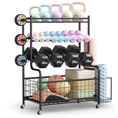 LERUJIFL Dumbbell Rack, Weight Rack for Home Gym, Weight Stand for Dumbbells Kettlebells Yoga Mat and Balls, All in One Home Gym Storage with Universal Wheels and Hooks, Workout Storage for Yoga(Metal)