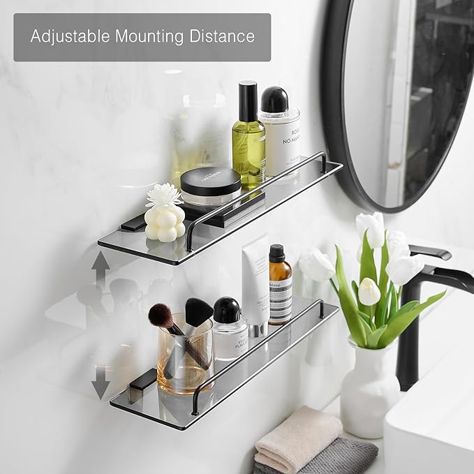 Voldra Glass Shelf for Bathroom, 2 Pack Adhesive Shower Shelves for Inside