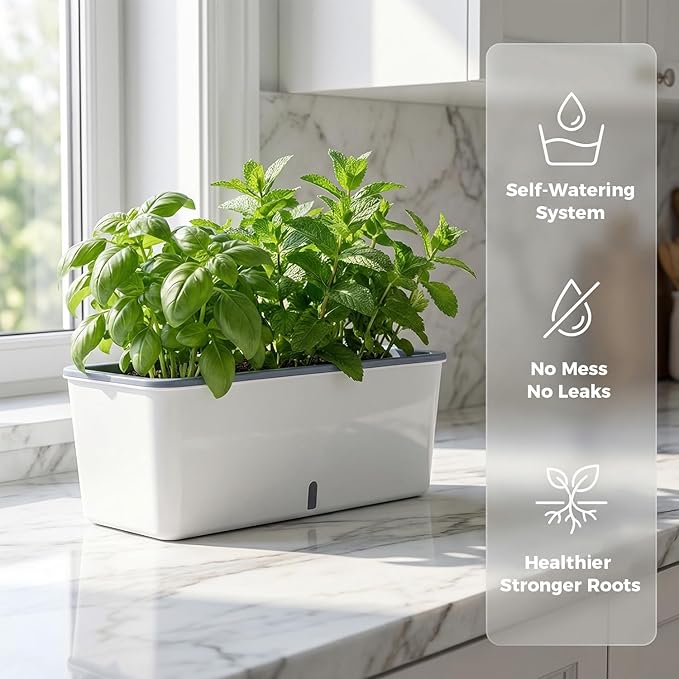 4 Pack Rectangular Planter 17 x 4.5 in Self Watering Planter Window Sill Planters Indoor Rectangle Planter Self Watering Pots Plastic Plant pots with Drainage Holes White Flower Pot Indoor