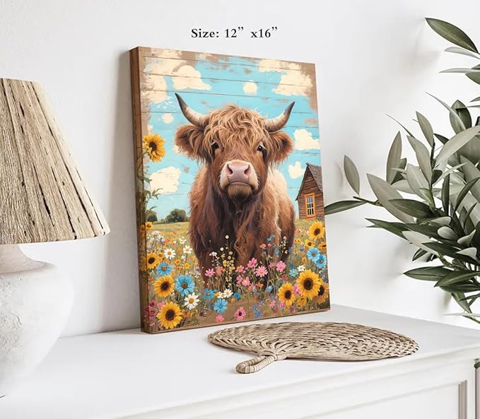 Rustic Farmhouse Highland Cow Wall Art,Rustic Highland Cow Sunflower Canvas Pictures Wall Decor,Country Animal Cattle Canvas Print Framed Artwork for Bathroom Bedroom Living Room12 x16