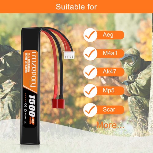 Crazepony Airsoft Battery 11.1V Rechargeable 3S LiPo 1500mAh 25C Hobby Battery with T-Plug & JST XH Connector for Airsoft Model Rifle