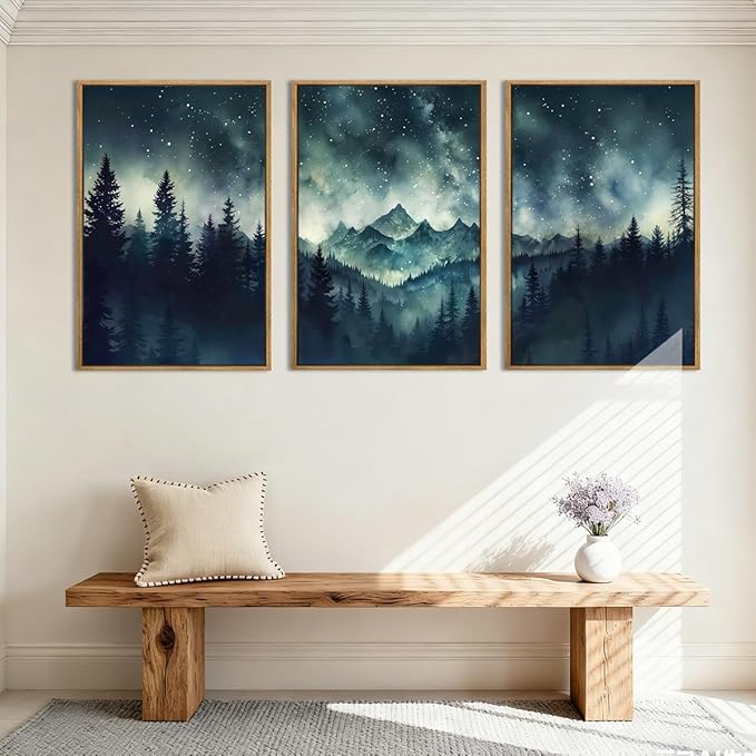 Large Mountain Framed Wall Art 16x24 Inch Dark Forest Starry Sky Canvas Wall Decor Modern Nature Wilderness Art Print for Living Room Bedroom Office Set of 3