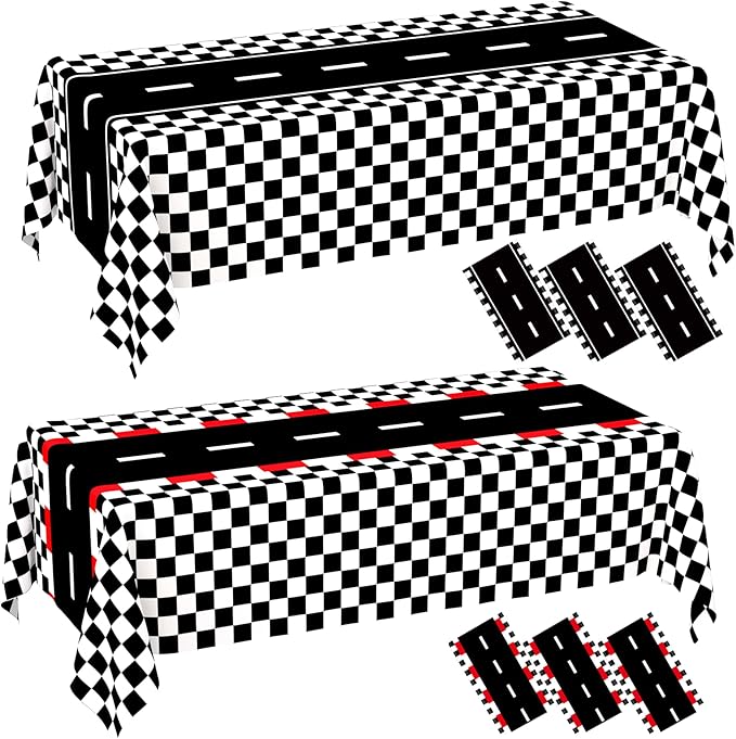 WNINK 6 Pack Race Car Table Cloth and Black White Gingham Tablecloths Disposable Plastic Buffalo Check Tablecloth Checkered Flag Covers for Birthday, Outdoor Picnic, Birthday, Camping 54 × 108 Inch