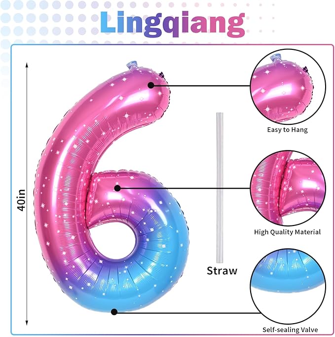 Gradient Blue Pink Number Balloons, 40" Large Rainbow Number 6 Foil Mylar Helium Balloons for Girls Women, Colorful Starry Self Inflating Number Balloons 0-9 for Birthday Party Celebration Decoration