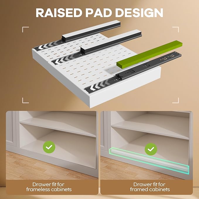 6 Pack Pull out Cabinet Organizer 21"Deep with Raising Pad for Framed Cabinets, Expandable Slide out Drawers for Kitchen Cabinets with 6pcs Divider Racks, Roll out Shelves 12.1"-20.4" W White