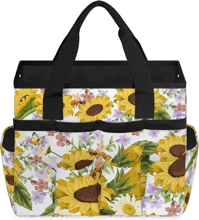 Garden Tote Bag with Pockets Sunflower Gardening Bags for Tools Organizer Heavy Duty Storage Bag with Handle for Lawn Yard Casual