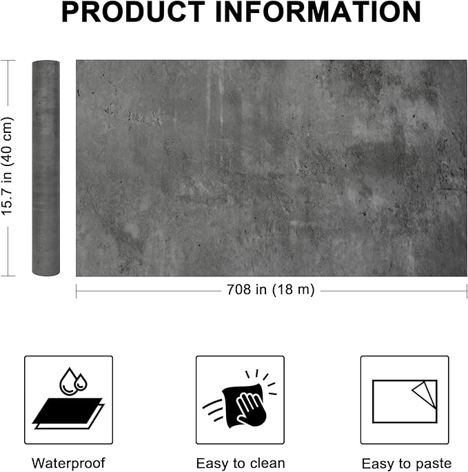 WADILE Black Gray Concrete Wallpaper 15.7 in * 708 in, Cement Contact Paper 3D