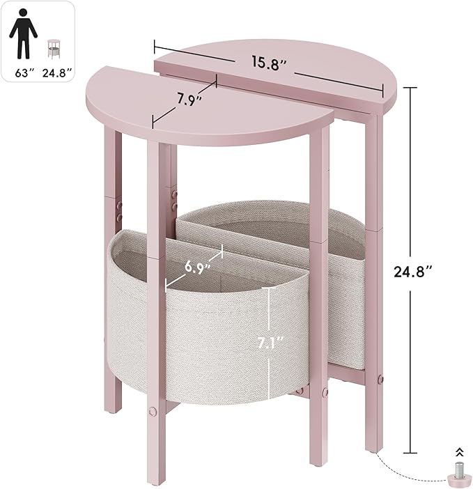 Vagusicc Small Round Side Table, Accent End Table with Storage Basket, Set of 2 Half Round Coffee Table End Table, Half Moon Bedside Table, Modern Nightstand Couch Table for Living Room Bedroom, Pink