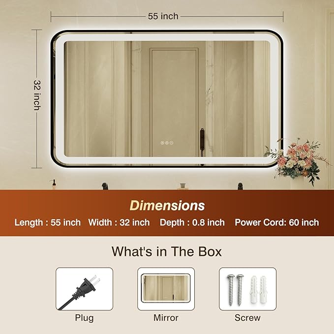 32x55 Inch Black Framed LED Bathroom Mirror