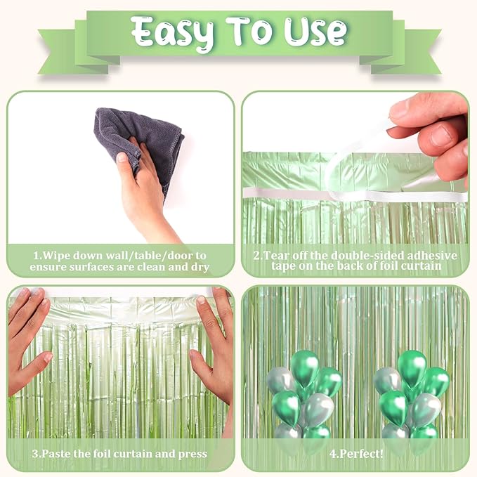 3 Pack 3.3 x 8.2 ft Sage Green Foil Fringe Backdrop Curtains, Tinsel Streamers Party Decorations, Door Shimmer for Baby Shower, Birthday, Martini Party Decorations
