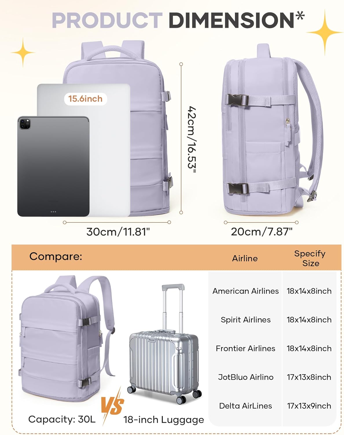 Skiennix Carry-On Backpack | Waterproof Travel Backpack for Women - Airline Approved, Purple