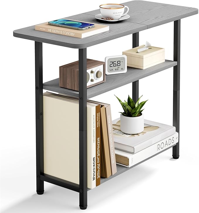 SLEEPING LAMB Side Table for Living Room, 3-Tier End Table for Small Space with Wide Storage Tabletop, Narrow Nightstand for Bedroom, Sofa Couch, Grey