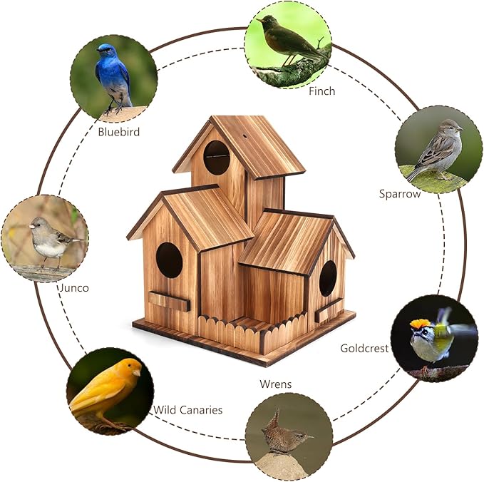 Bird Houses for Outside, Outdoor 3-Hole Large Birdhouse Bird Feeder for Bluebirds, Finches, Cardinals and Yellow Finches, Wooden Hanging Edible Wild Bird Nest Garden Decorative