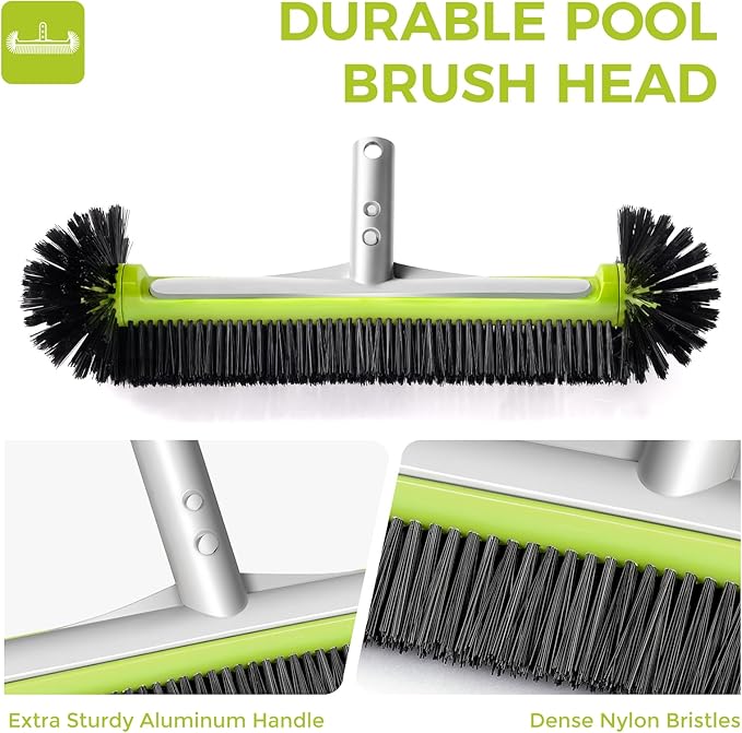 BoxedHome Pool Brush Head with Round Ends,Heavy Duty Pool Brushes for Cleaning Pool Walls, Floors Steps & Corners, 17.5" Pool Brush with Sturdy Aluminum Handle & Durable Nylon Bristles