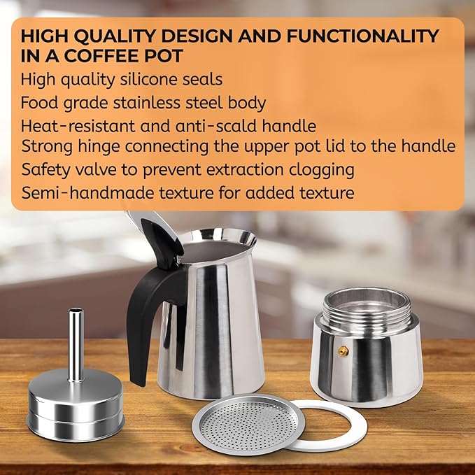 6 Cup 300ml Moka Pot Stainless Steel Espresso Coffee Maker Stovetop Percolator Coffeemaker Italian Classic Style Brewing Greca Cafe Mocha Machine for Cafeteras Lover Camping Travel and Home Use 10oz