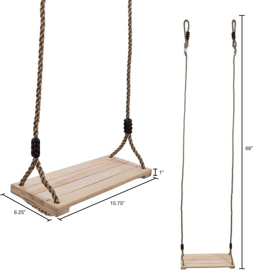 Hey! Play! Wooden Swing - Adjustable Nylon Rope Backyard Swing for Kids - Brown, 80-SA-062