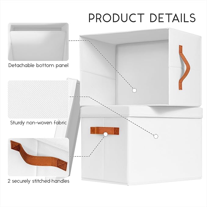 Storage Bins with Lids - Fabric Storage Baskets for Shelves, 6 Pack Foldable Decorative Boxes with Handles, Stackable Organizer Bins for Home, Nursery, Dorm, White