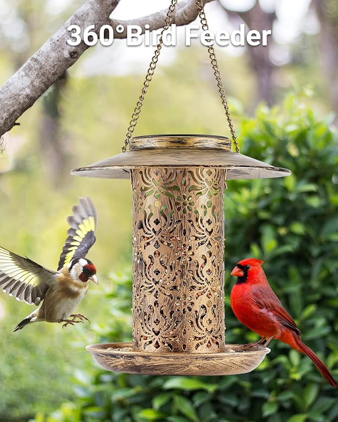 SWEETFULL Solar Bird Feeder for Outdoors Hanging, Metal Wild Bird Feeder for Cardinals Solar Garden Lantern with S Hook as Gift Ideas for Bird Lovers (2LBs Heavy Duty Weather Resistance birdfeeders)