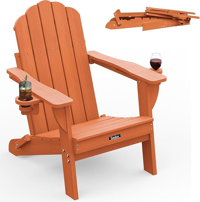 Adirondack Chair, HDPE Material Fire Pit Chairs, Plastic Adirondack Chairs with 2 Cup Holder, Outdoor Lawn Chair for Patio Garden, Orange