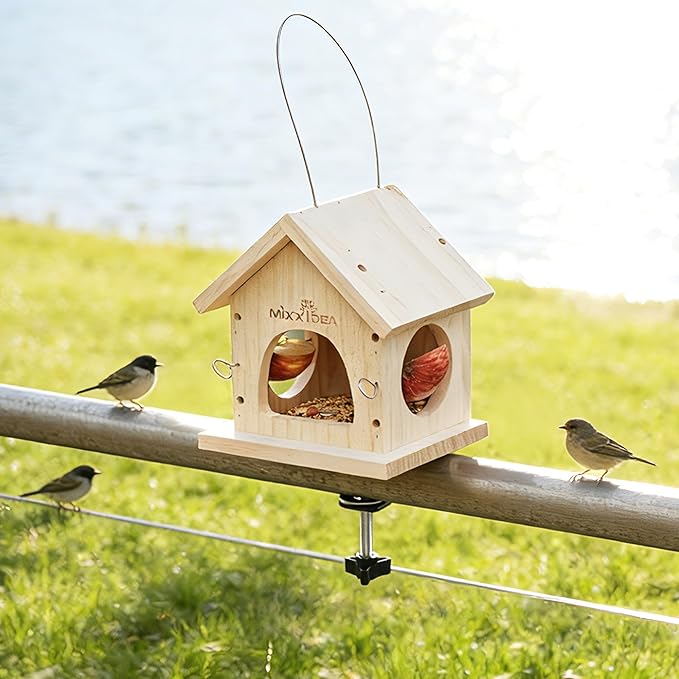 MIXXIDEA Deck Bird Feeder for Railing, Wooden Balcony Deck Bird Feeders for Outside, with Metal Clamp, Easy to use (1pk)