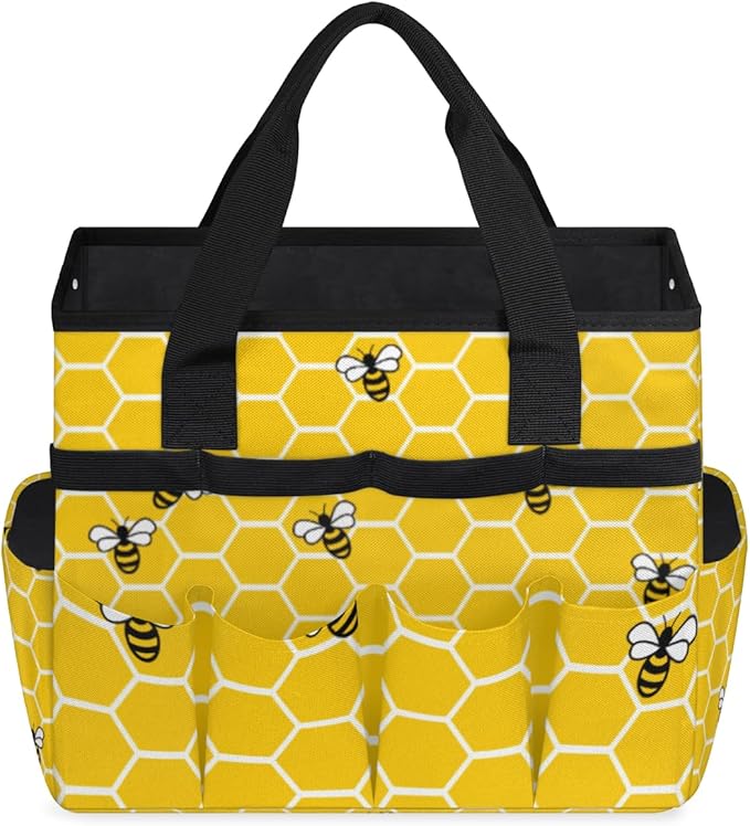 Garden Tote Bag with Pockets Honey Bees Gardening Bags for Tools Organizer Heavy Duty Storage Bag with Handle for Lawn Yard Casual