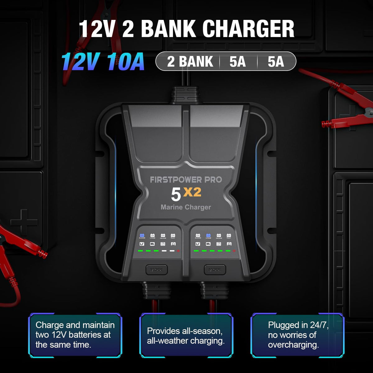 2 Bank Marine Battery Charger - 10A Waterproof Onboard Battery Maintainer & Desulfator for SLA/AGM, Lithium, Calcium & Deep-Cycle Batteries