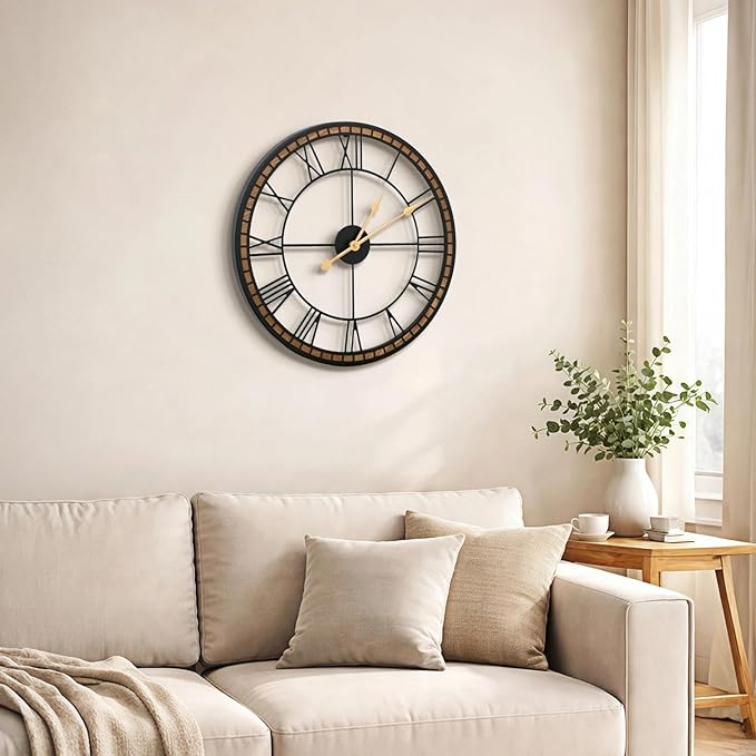 Micasso Large Farmhouse Wall Clock: 20 inch Modern Metal Black