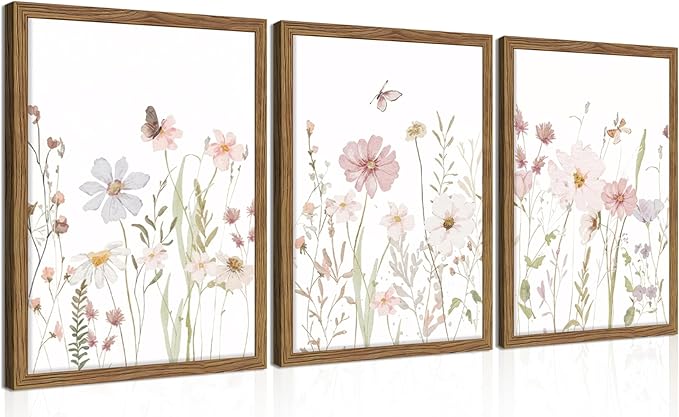 Framed Wildflower Wall Art Set of 3, Vintage Flower Botanical Paintings