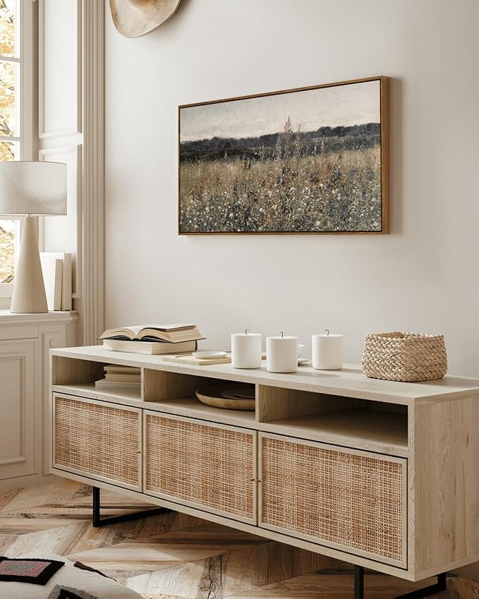 InSimSea Extra Large Framed Vintage Wall Art, Living Room Country Farmhouse Decor, Flower Meadow Landscape Paintings, Canvas Prints, Retro Scenery Long Pictures for Bedroom Above of Bed,20x40inch