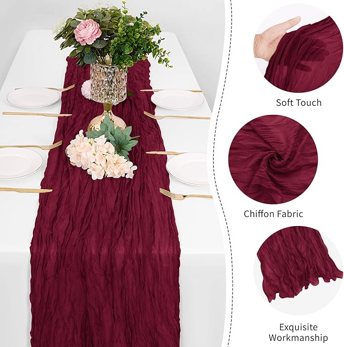 12 Pack Burgundy Red Cheesecloth Table Runner 17 x 108 Inch Gauze Table Runner Fabric Semi Sheer Cheese Cloth Table Decor Bulk for Rustic Romantic Wedding Baby Shower Table Decoration