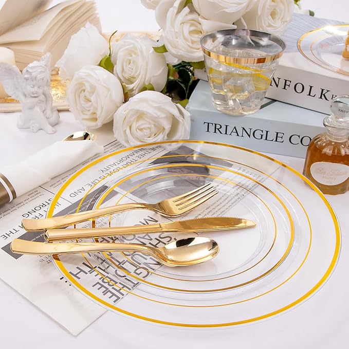 DaYammi 350PCS Clear Gold Plastic Dinnerware Set for 50 Guests, Christmas Plates Disposable, Include: 50 Dinner Plates, 50 Dessert Plates, 50 Pre Rolled Napkins with Gold Silverware, 50 Cups