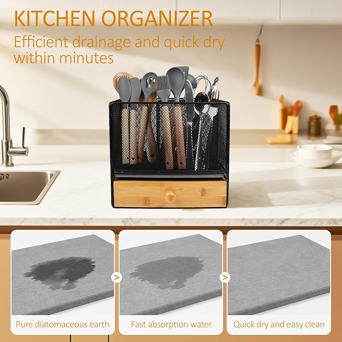 Kitchen Utensil Holder with Drawer, 2-In-1 Large Utensil Holder & Silverware Holder for Counter & Countertop, Kitchen Utensils Organizer for Cookware and Flatware, With Quick Dry Diatomite Pad
