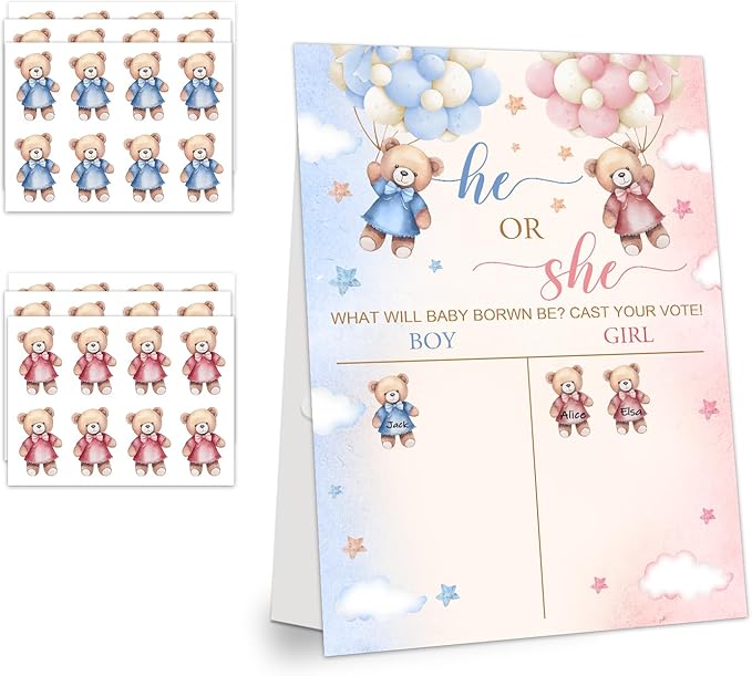 LNOKRIM Gender Reveal Party Games, Teddy Theme Baby Gender Reveal Voting Board Sign, 48 Boy Girl Voting Stickers, He or She, Baby Gender Reveal Party Decorations Games for Boy or Girl Shower, Bear 04