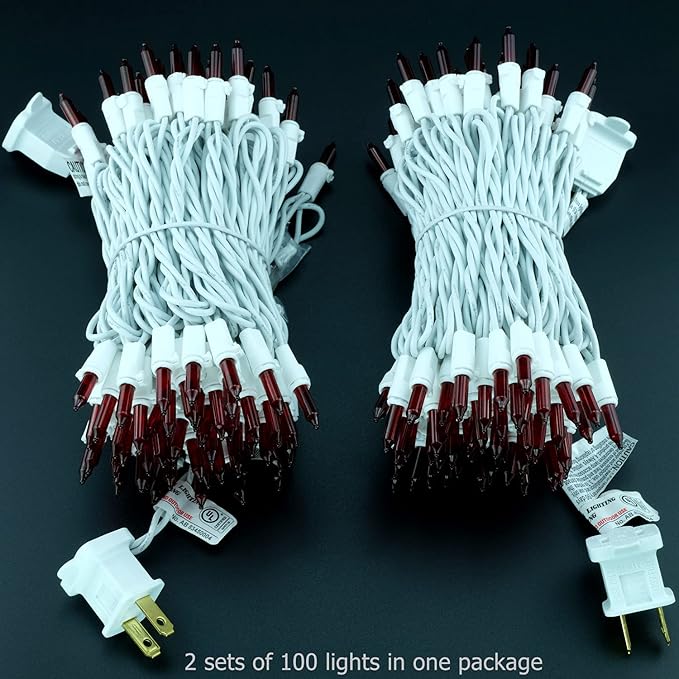 YULETIME 200 Red Christmas Lights, Pack of 2 Sets 33 Feet 100 Count UL Certified Incandescent String Lights (Red - White Wire)