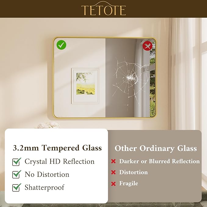 TETOTE 60 x 40 Inch Brushed Gold Frame Mirror, Brass Bathroom Vanity Mirror