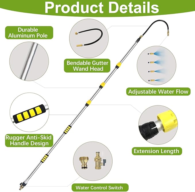 Buyplus 16FT Telescopic Gutter Cleaning Tools from the Ground, Long Reach Gutter Cleaner Wand with Hose Attachment, Rain Gutter Cleaner Tool with Extension Pole for 2nd Story House