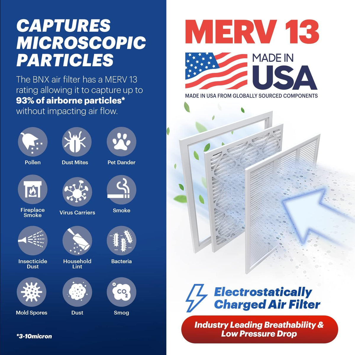 BNX TruFilter 16x16x1 Air Filter MERV 13 (6-Pack) - MADE IN USA - Electrostatic Pleated Air Conditioner HVAC AC Furnace Filters for Allergies, Pollen, Mold, Bacteria, Smoke, Allergen, MPR 1900 FPR 10