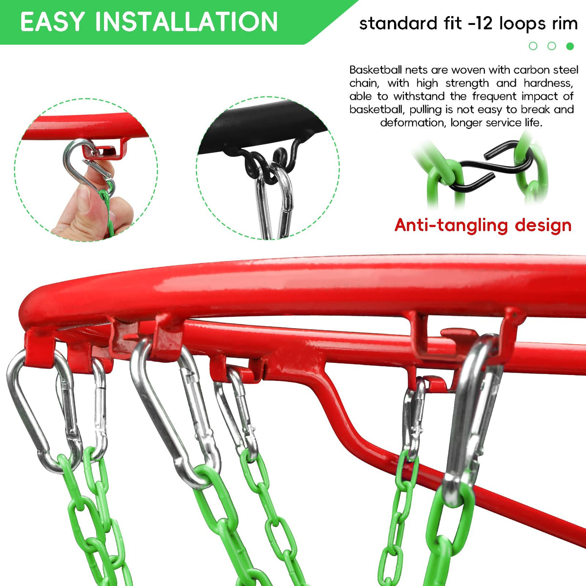 Chain Basketball Net Heavy Duty Replacement,Carbon Steel Basketball net, Anti-Rust Use Indoor Outdoor Standard 12 Loops Basketball Hoop,Green