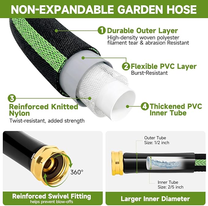 Garden Hose 75ft Flexible Non-Expandable Water Hose Kink-Free Lightweight Leak-Proof High Pressure Durable Outdoor Portable Fabric Hoses Pipe with 3/4” Sturdy Fittings for Yard Lawn Car Wash