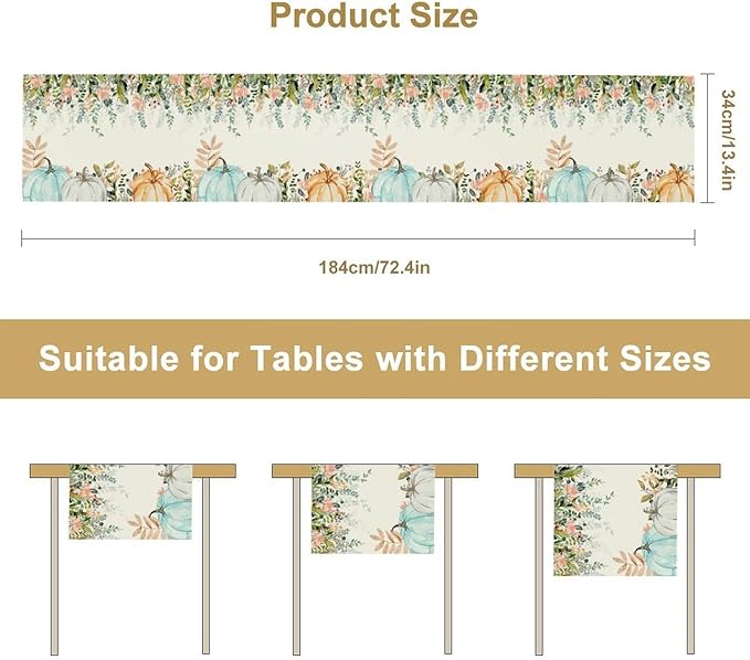 Fall Table Runner Blue Pumpkin Colorful Eucalyptus Leaves Thanksgiving Orange Green Watercolor Illustration Decor for Farmhouse Indoor Outdoor Party Holiday Dining Kitchen Restaurant Cafe W13xL36in