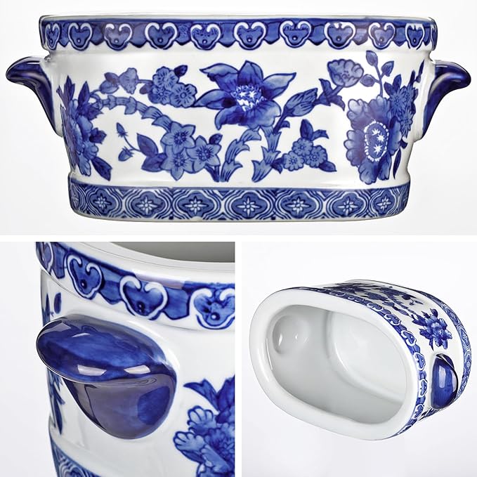 Blue and White Ceramic Planter Pot – Vintage Floral Oval Cachepot Vase for Indoor Plants, Flowers & Succulents – Glazed Chinese Porcelain Style Decorative Bowl – 7.4" Size – No Drainage