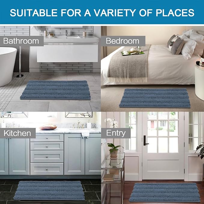 H.VERSAILTEX Bathroom Rug Sets 2 Piece Bath Mats Non Slip Thick Soft Chenille Striped Bath Rug achine Washable Shower Floor Rugs for Tub, Shower and Floor (Blue Indigo, 20" x 32"/17" x 24")