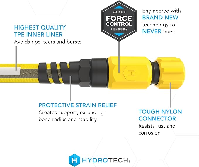 HydroTech FLATJACKET 5/8" 100 ft Garden Hose with Patented Force Control Technology - Flexible, Kink-Free, Lightweight Hose for Lawn, Garden, Car Washing, Deck and Patio Cleaning