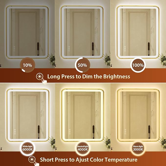 32x40 Inch Gold Framed LED Bathroom Mirror