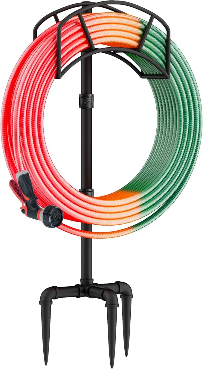 Freestanding Garden Water Hose Storage Holder Stand for Outside, 160-Ft Hose Heavy Duty Metal Hanger Reel Organizer Outdoor Yard Lawn, Standing Keeper Rack with Ground Stake, Black GHH01BK01