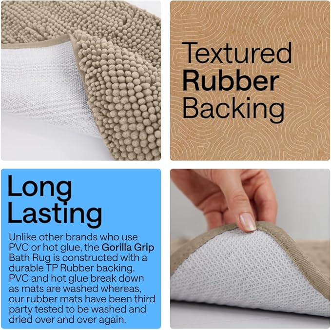 GORILLA GRIP Bath Rug Mat 44x26, Thick Absorbent Chenille, Quick Dry Microfiber Mats, Rubber Backing Washable Shower Floor Rugs, Bathmat Runner, US Designed Bathroom Home Decor Accessories Gray Beige